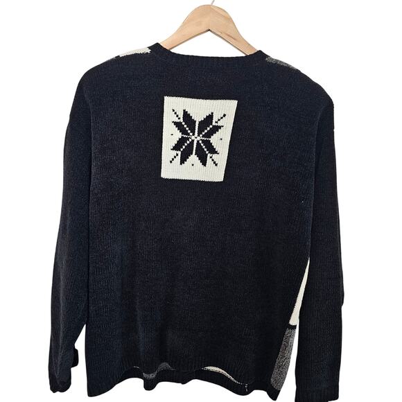 Vintage Christmas Cardigan Womens Sz Large Blk Snowflake Cottage Retro Patchwork - Picture 2 of 9